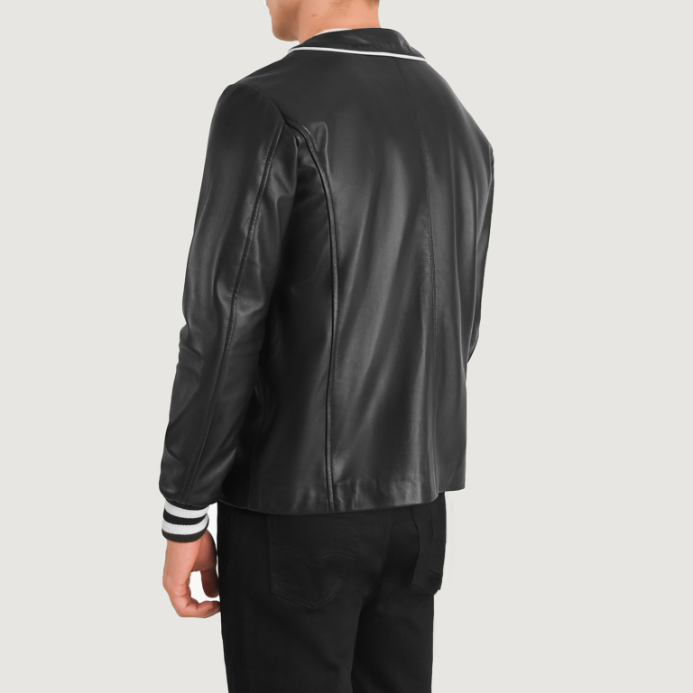 Mens Willis Black Leather Varsity Jacket Tilted Back-8-1704116867877